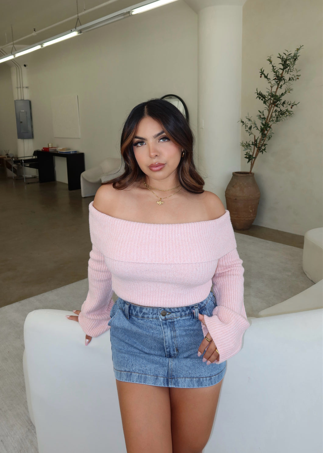 Isabella off the shoulder Knit (Baby pink)